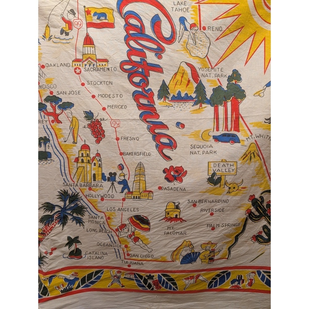 Vintage California Map Souvenir Linen Tablecloth Bandana‎ Tourist Kitsch - Picture 7 of 11